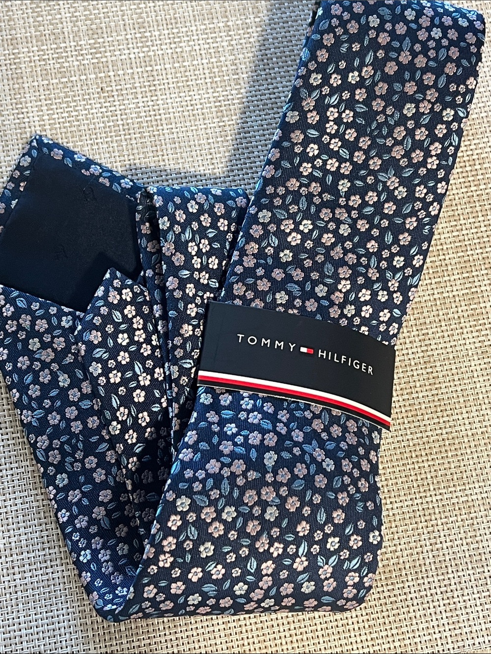 Tommy Hilfiger Navy Floral Microprint Tie with Light Blue and Pale Pink Accents
